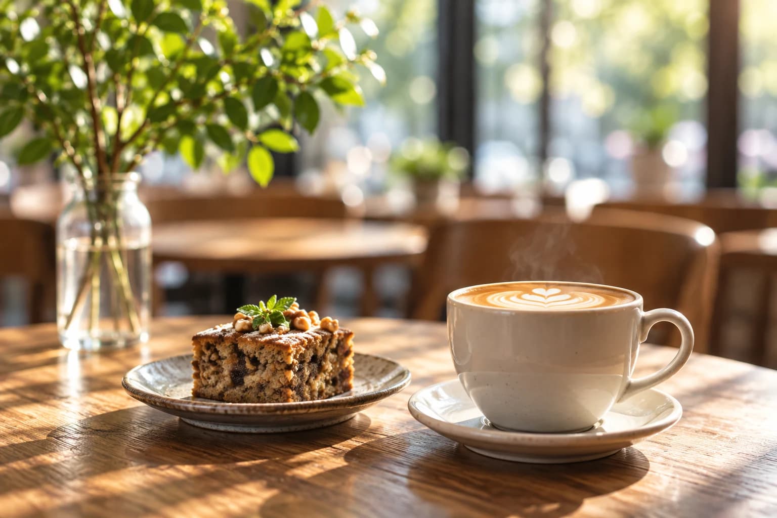 日差しの入るカフェでコーヒーとケーキを楽しむイメージ