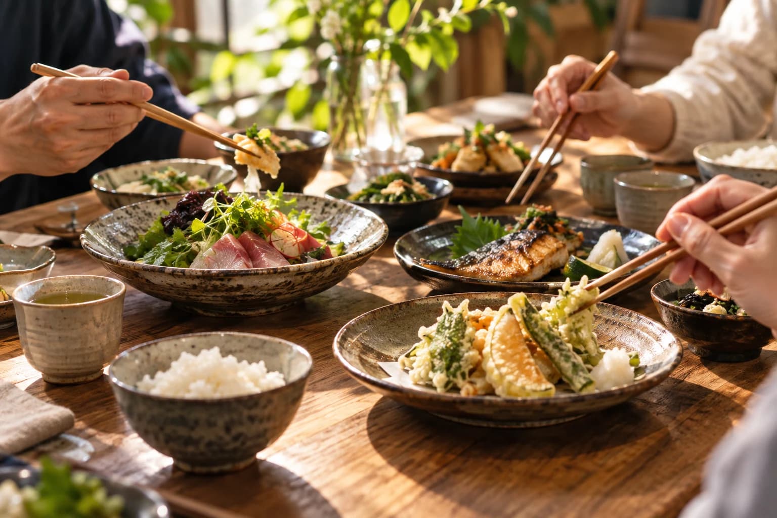 友人と食卓を囲む、和食の時間のイメージ