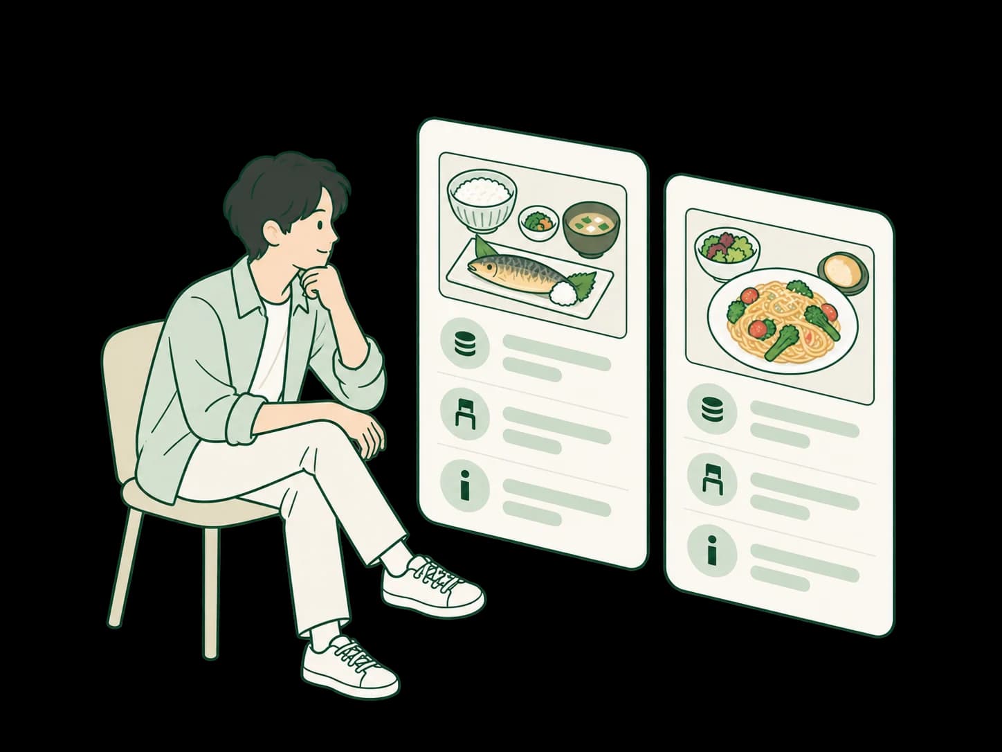 2つのお店の料理や条件を見比べている人のイラスト