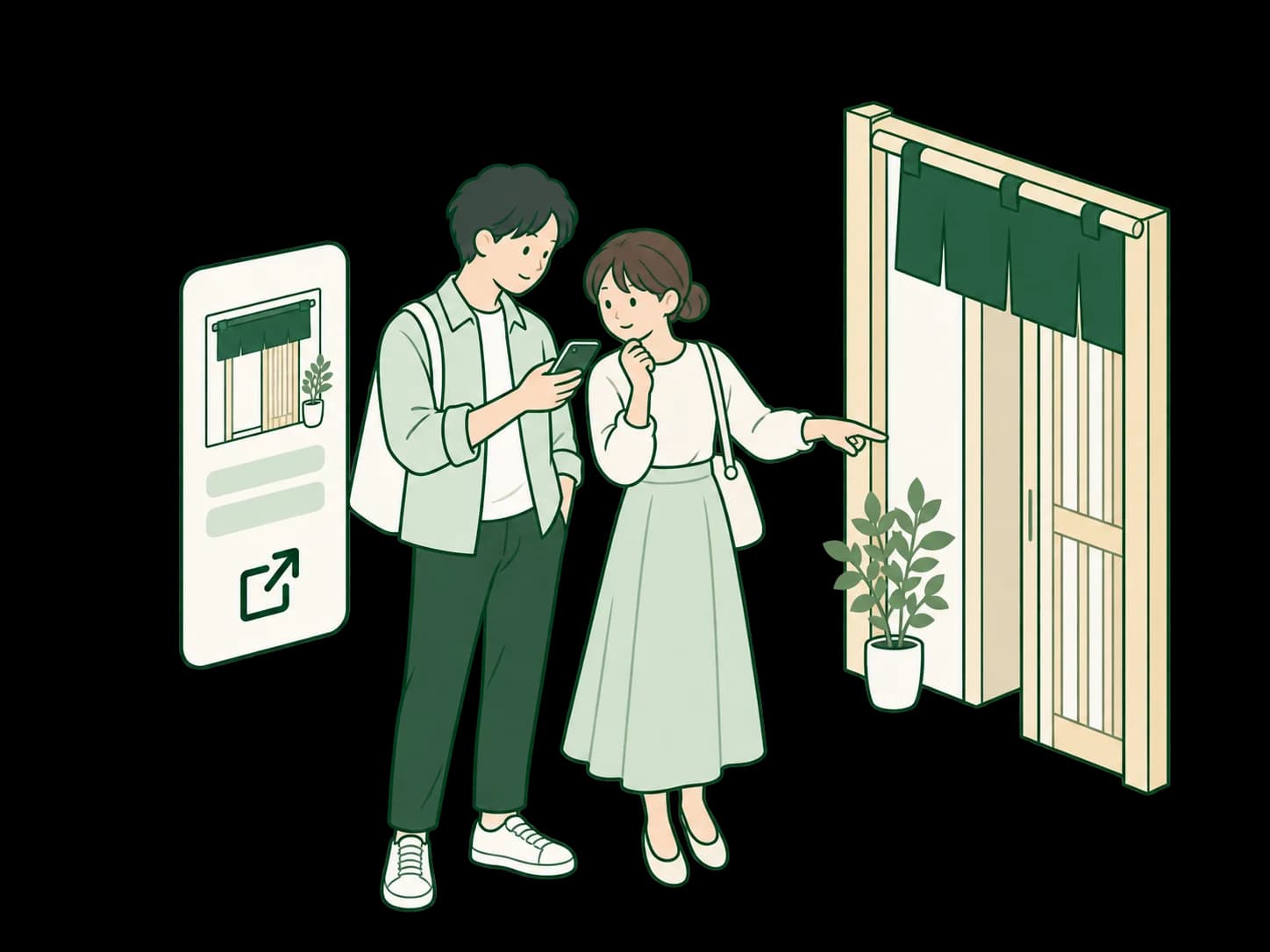 気になるお店の前で、スマホから公式情報を確認する2人のイラスト