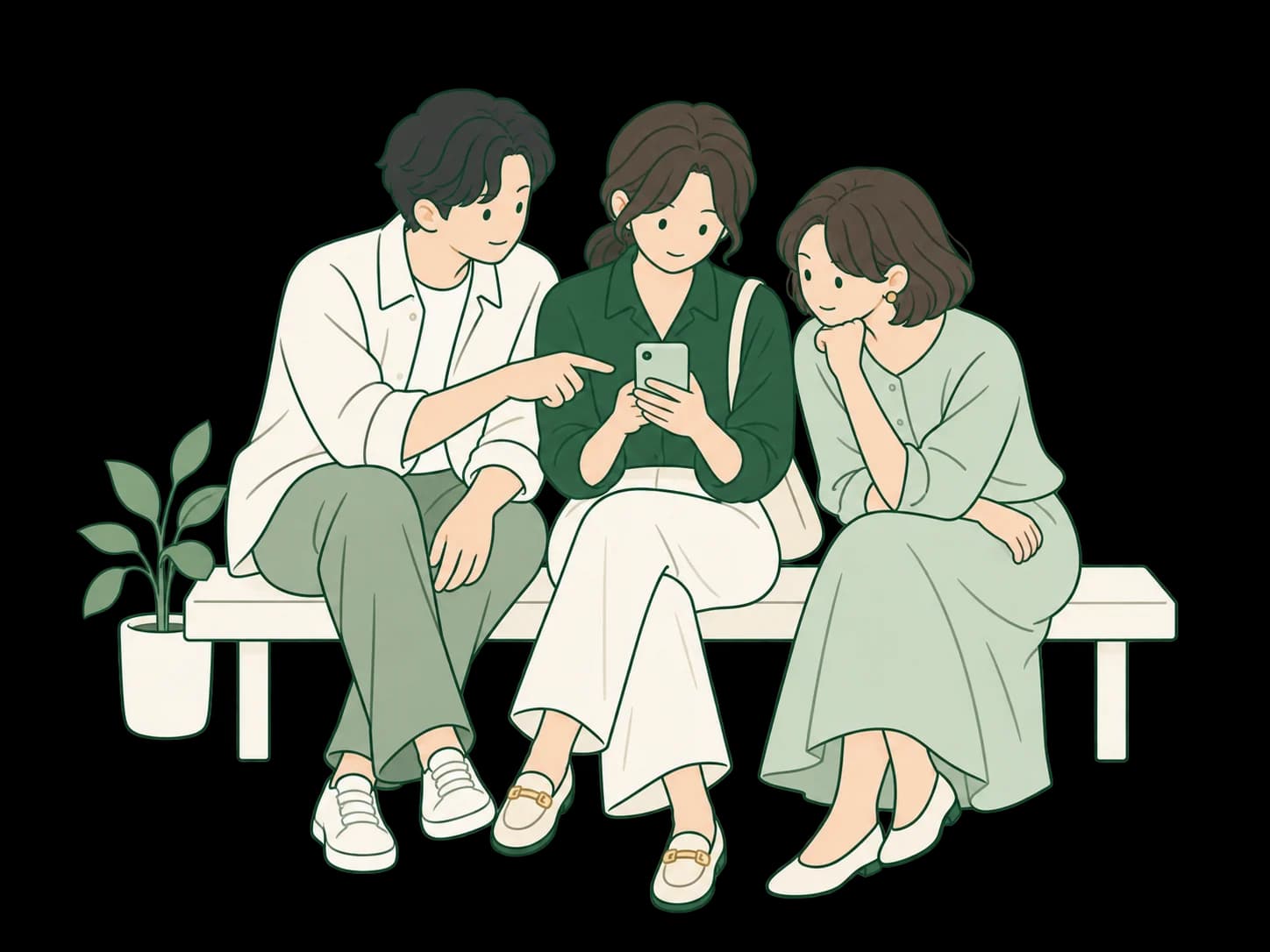 ベンチでひとつのスマホを見ながら、食事先を相談する3人のイラスト