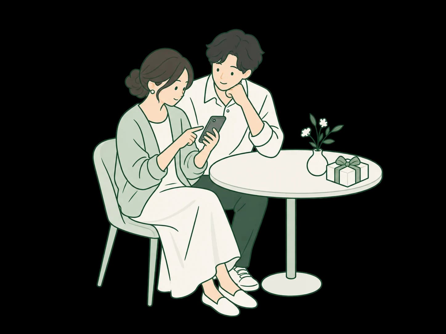 花と小さな贈り物を前に、スマホで食事先を相談する2人のイラスト