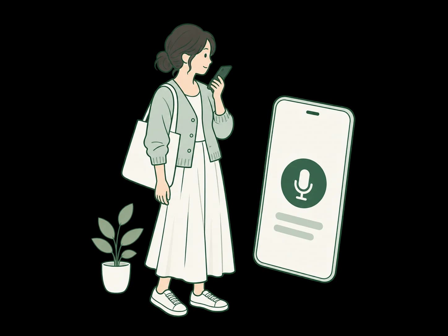 スマホに話しかける人と、マイクボタンを描いたイラスト